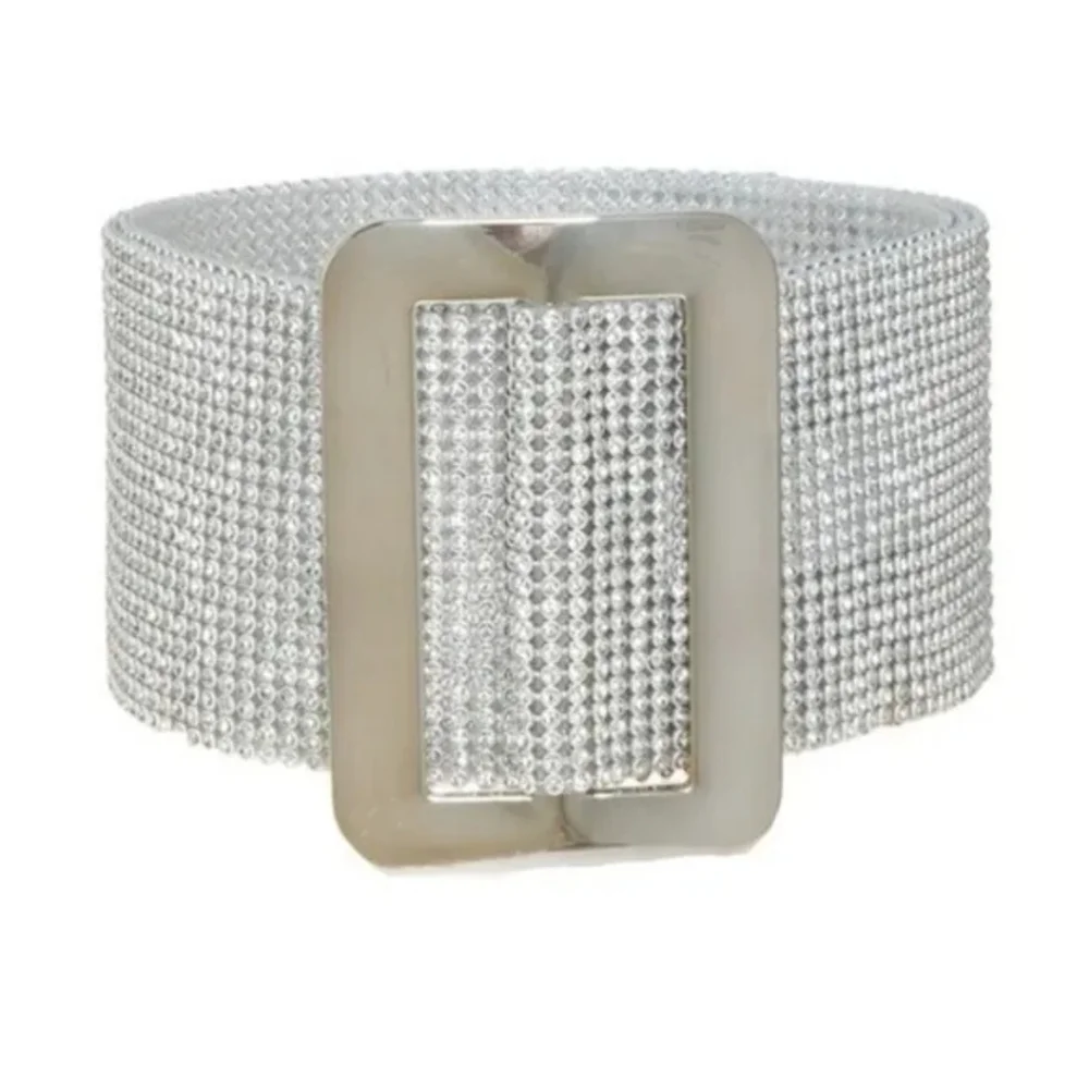 Full Rhinestone Crystal Mesh Pave Wide Belt Black & Silver Adjustable Women's